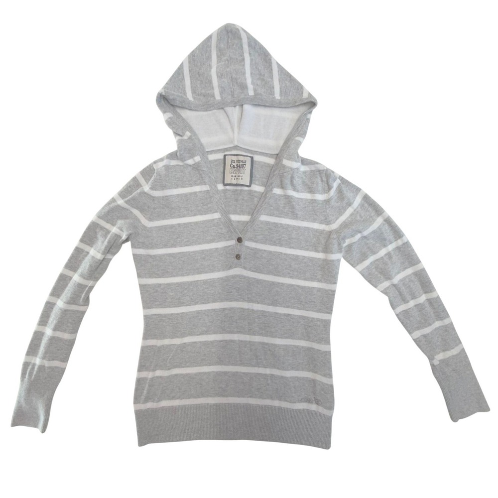 Y2K Esprit Hoodie Sweater Women S Gray Striped V-Neck Henley Long Sleeve‎ Knit